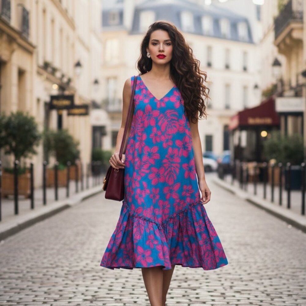 Vibrant Blue & Pink Tropical Floral Ruffle Tiered Midi Dress - Size M